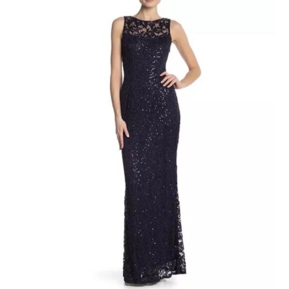Marina Long Formal Dress 8 Navy Blue Sequin Sleeveless Wedding Party Cruise NEW - Picture 1 of 15